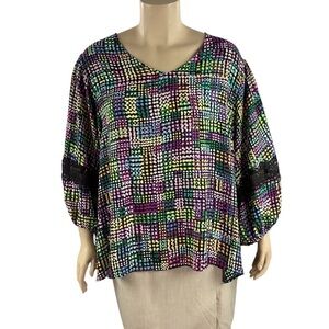 Cato Multicolor Dot Print Blouse 26/28W Black V-Neck Lace Sleeve Detail